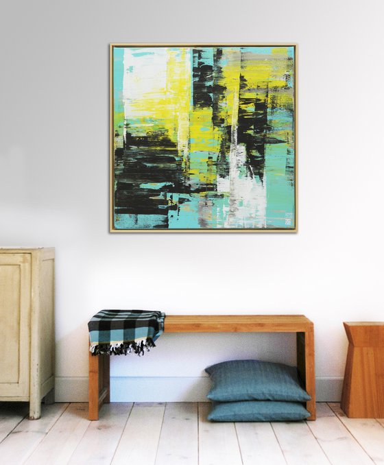 Yellow Square Artwork - Static Balance - Incl Frame 85x85cm - Ronald Hunter - 6S