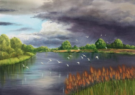 Thunderstorm Out In the River  -  Stormy sky - Storm Brewing painting