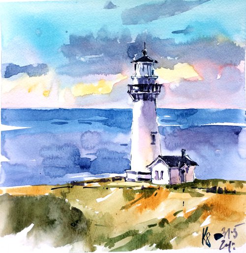 Architectural seascape "Sunset. Lighthouse" original watercolor artwork in square format by Ksenia Selianko