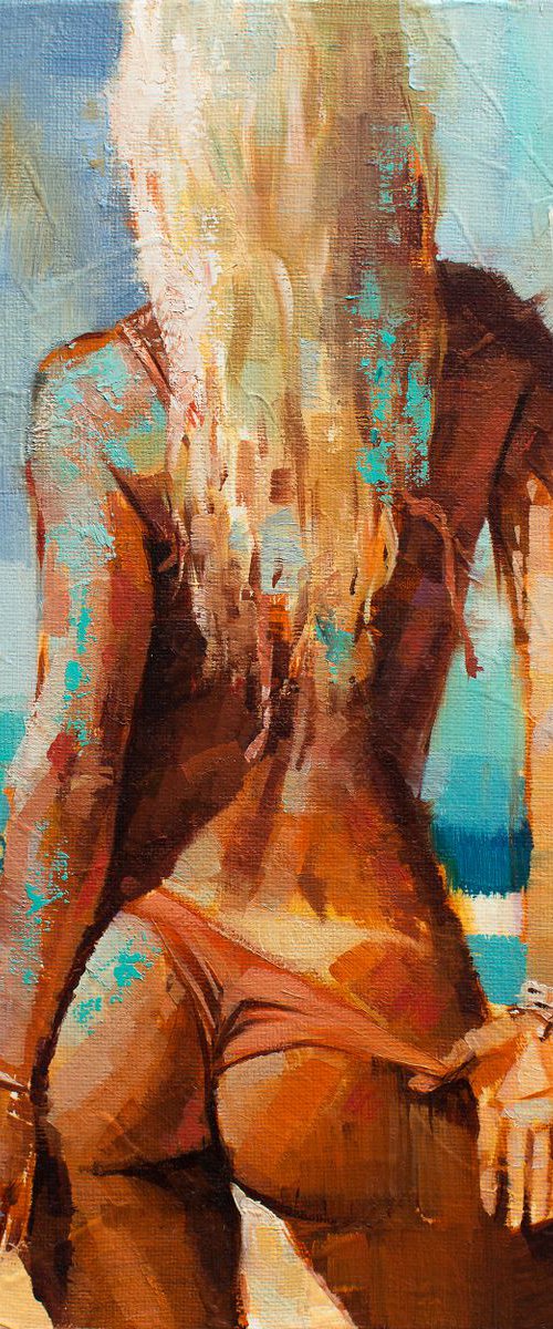 SUMMER MOOD (Beautiful girl Summer Beach scene Oil Painting Portrait) by Yaroslav Sobol