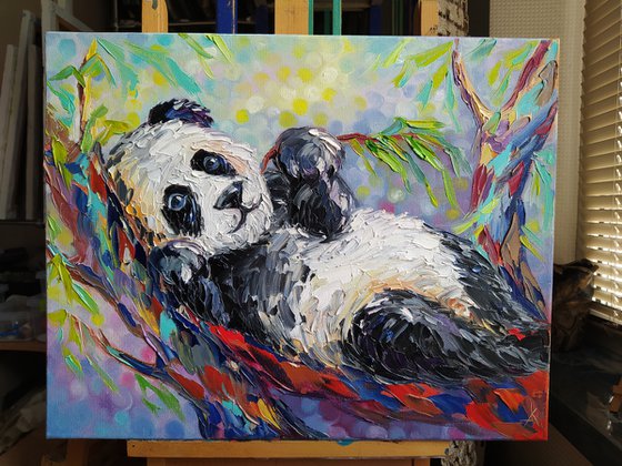 In a quiet place - oil painting on canvas, panda, baby, panda baby, little panda, animal, panda bear, gift for child