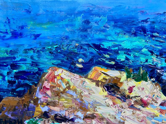 Secret Bathing - Crimea life, 47*37cm, impressionistic oil sea landscape painting