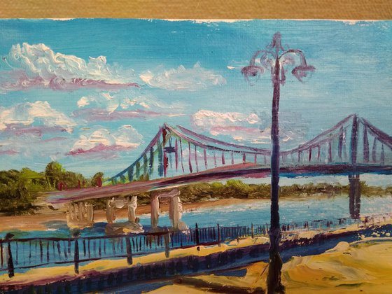 Sunny day and footbridge. pleinair painting