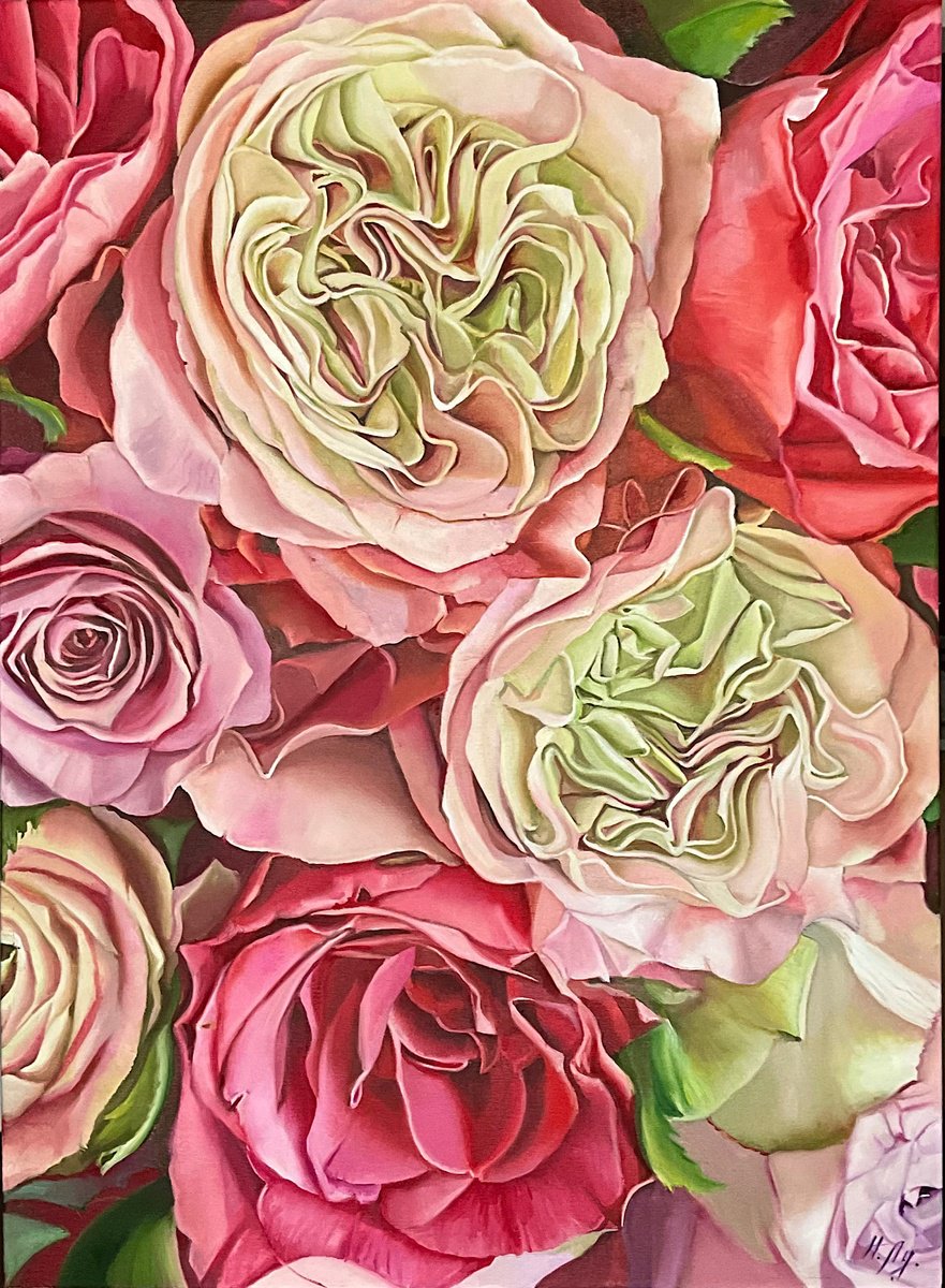 Photorealistic Botanical Oil Painting By Natalia Lugovskaya, 29 X 39", Rose Festival, Original Artwork