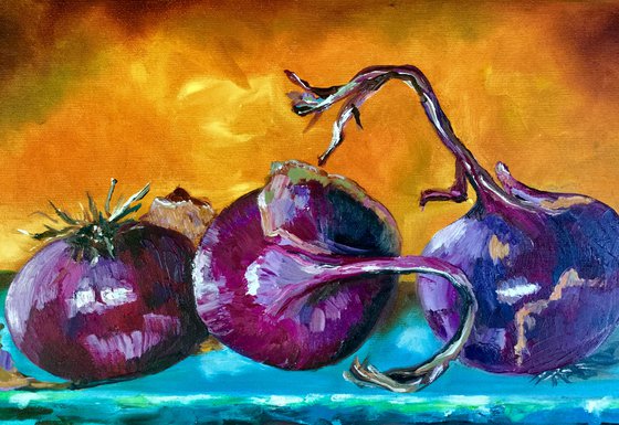 STILL LIFE WITH  RED ONIONS HOME DECOR purple blue and yellow