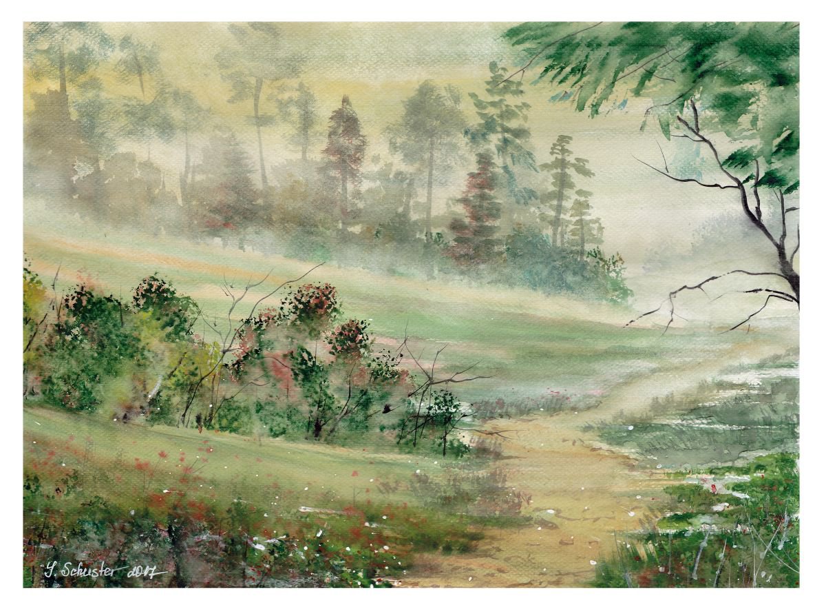 Impressionistic Landscape Watercolour By Yulia Schuster, 16 X 12", The End Of The Summer, Original Artwork