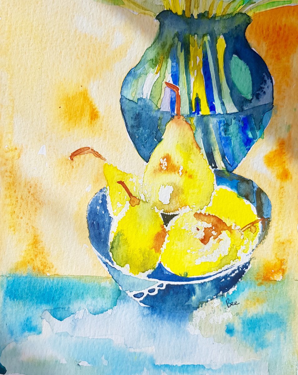 Yellow Pears in a Blue Bowl by Bee Inch