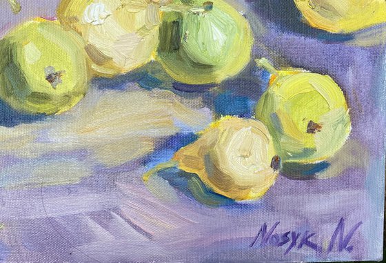 Yellow pears on violett