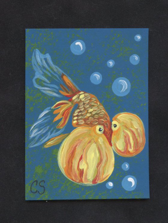 ACEO ATC Original Painting Bubble Eye Goldfish Pet Art-Carla Smale