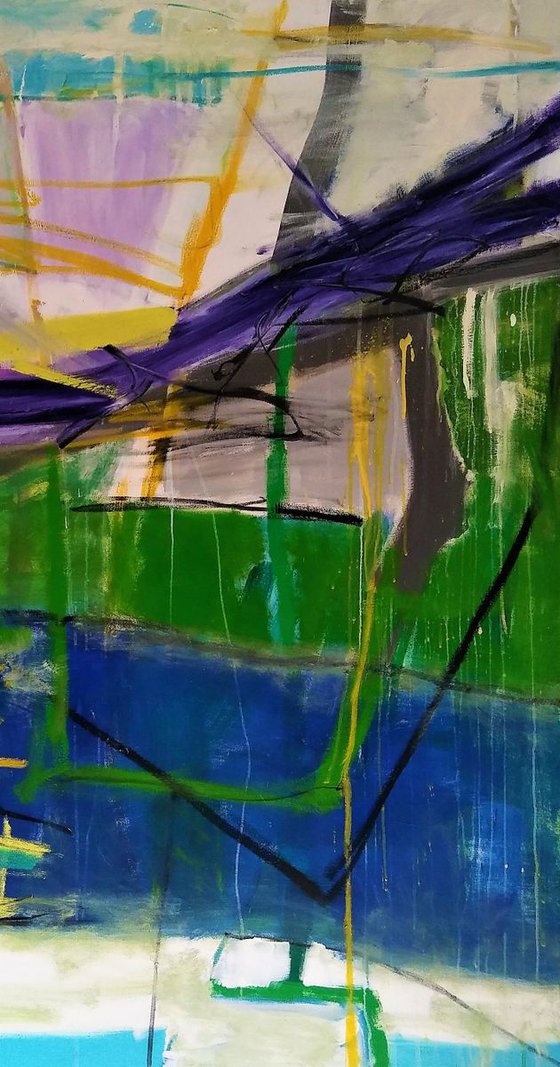 LARGE ABSTRACT COLORFUL INTERIOR DESIGN COMMERCIAL DECOR OFFICE RESTAURANT OVERSIZED COBALT BLUE KELLY GREEN COLORBLOCK "Beautiful 122" 48" X 60"