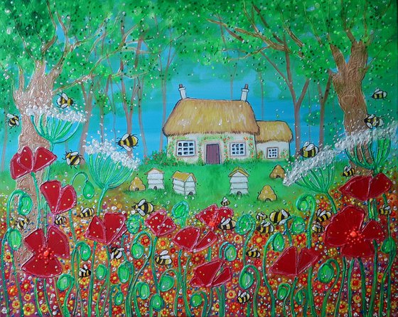 The Bee Keepers Cottage - Summer Painting - Thatched Cottage - Bumblebees - Bee Art