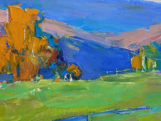 Warm days | Mountain landscape | Orange and blue | Original oil painting
