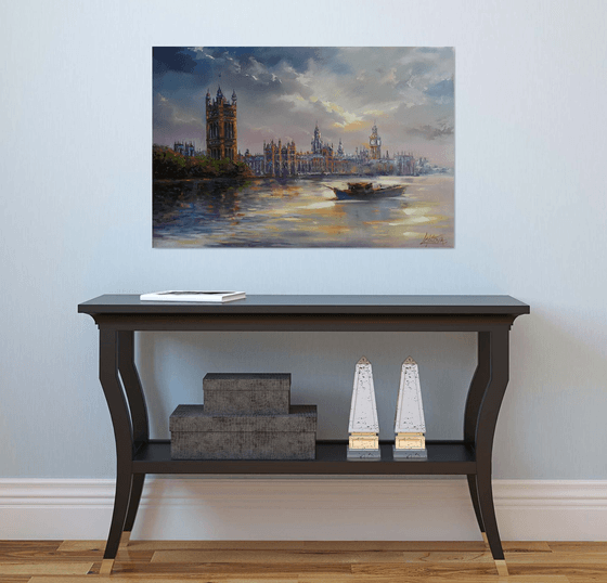 London Evening -  Thames, Palace of Westminster, large original oil painting