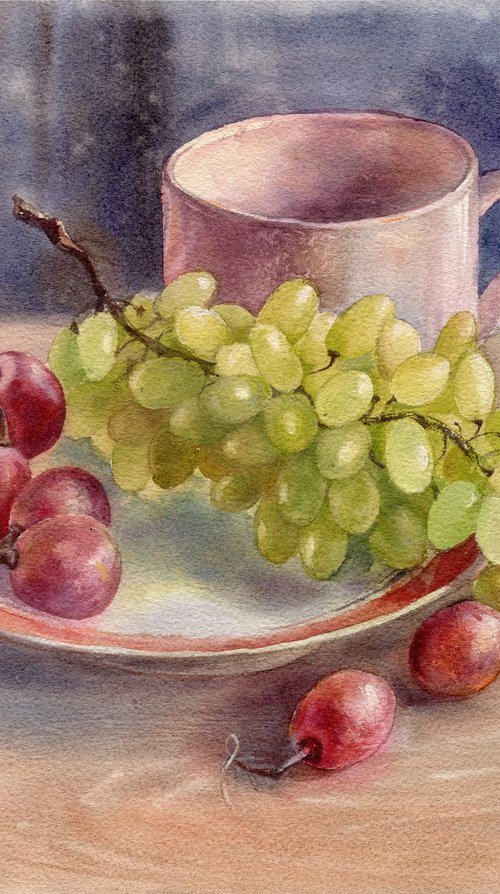 Still life with grapes on a plate and a cup on the table by SVITLANA LAGUTINA