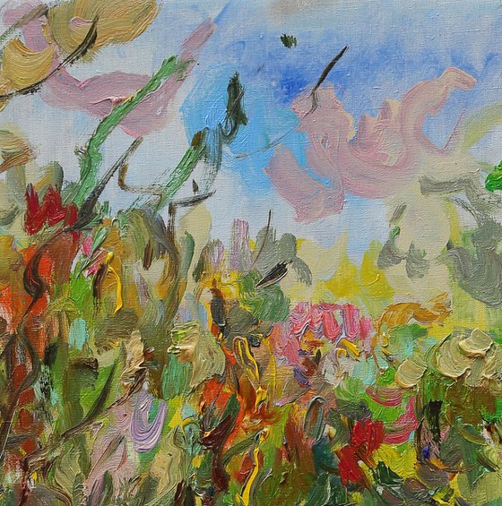 SUNNY DAY. MOSCOW LANDSCAPE - Original oil painting, plants, trees, autumn, river, green - plein air - gift