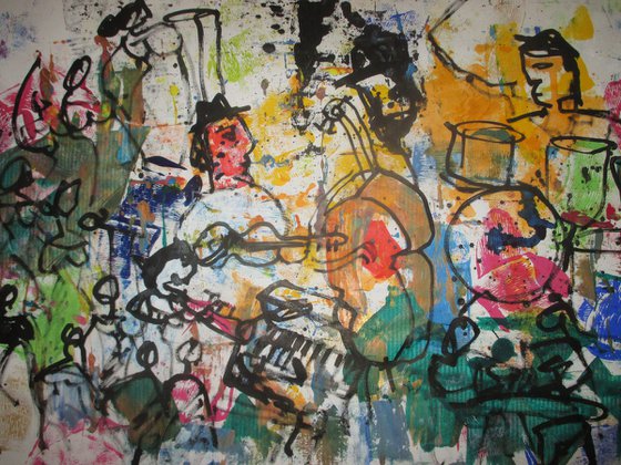 colourful music-scene - jazz  xxl on canvas, not stretched