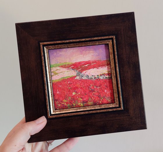 Landscape art abstract oil painting original 4x4, Red fields small frame art, Red black painting framed artwork mini wall decor