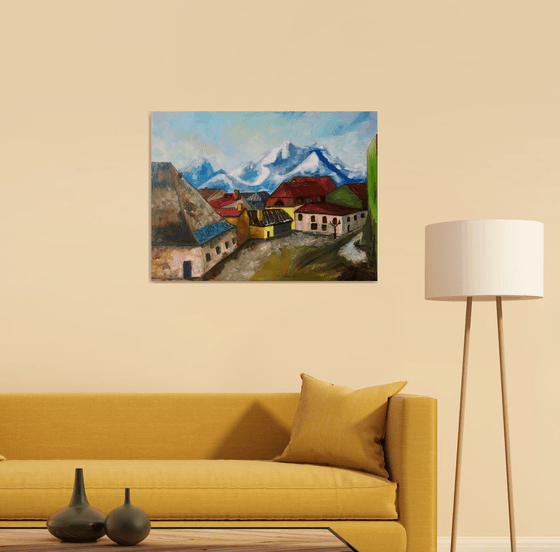 Slovak Original Oil Painting on Canvas Kežmarok. Mountain Town.