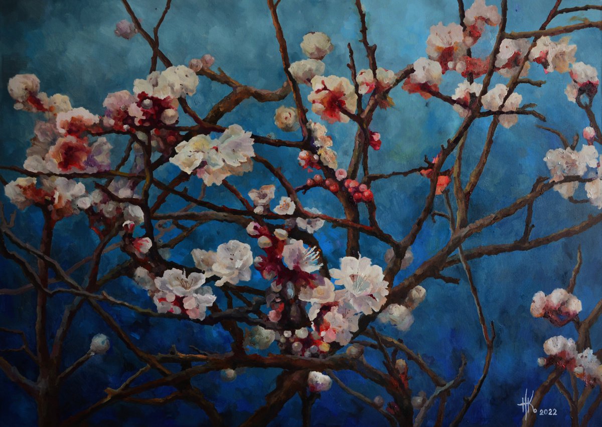 Expressive Botanical Oil Painting By Zhanna Kondratenko, 39 X 28", Blossoming. Prime, Original Artwork