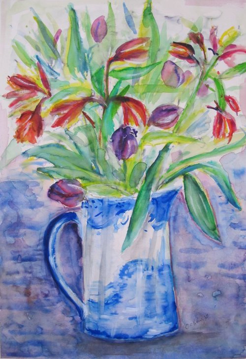 Flowers in a blue china jug by Catherine O’Neill