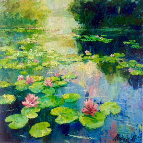 River with lotos flowers. water lilies pond oil painting landscape river sunlight waterlily