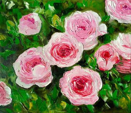 Roses in bloom, garden, oil painting on canvas.