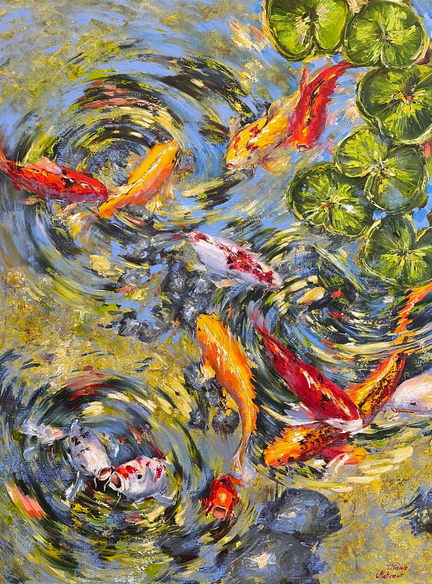 Impressionistic Animal Oil Painting By Diana Malivani, 35 X 47, Koi Fish, Original Artwork