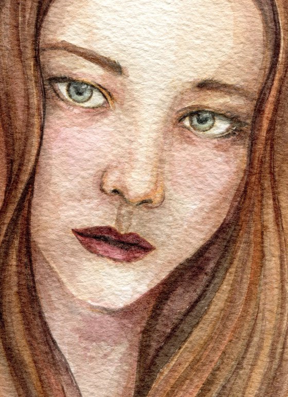 Red hair woman with blue eyes - watercolor portrait