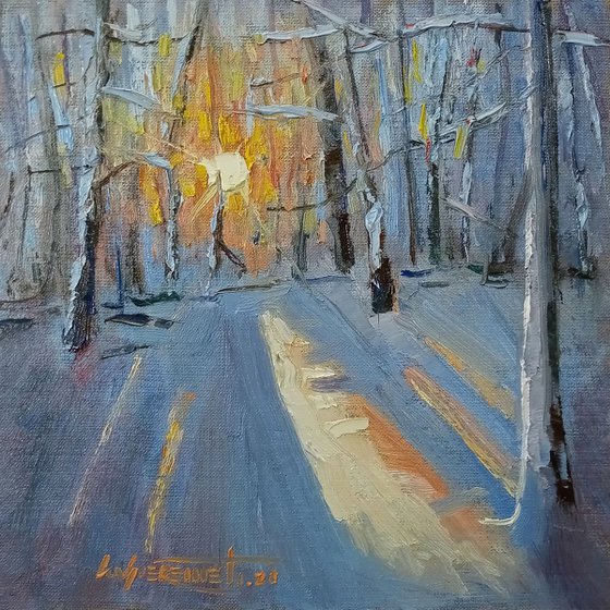 'WINTER SUN IN THE WOOD' - Medium Oil Painting on Canvas-Panel