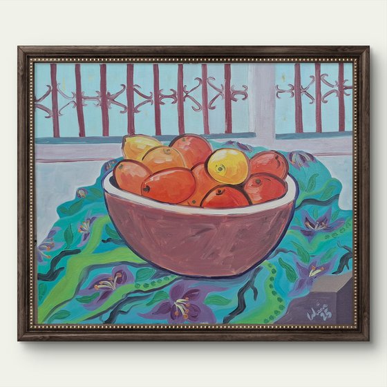 Still life with oranges and lemons.