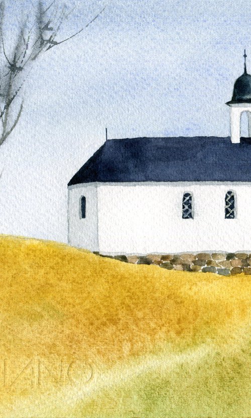 The old church on the hill. Autumn landscape. Original watercolor artwork. by Evgeniya Mokeeva