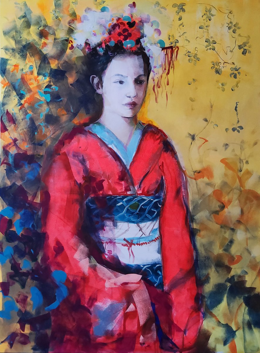 Expressive Portrait Acrylic Painting By Marina Del Pozo, 38 X 51", Gheisa In The Garden, Original Artwork