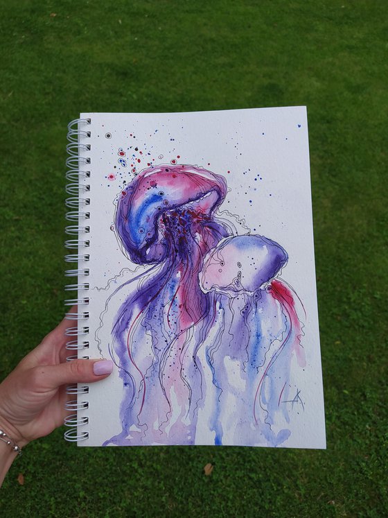 In the ocean -  watercolor painting, jellyfish, jellyfish painting, ocean, sea, animals, life of jellyfish