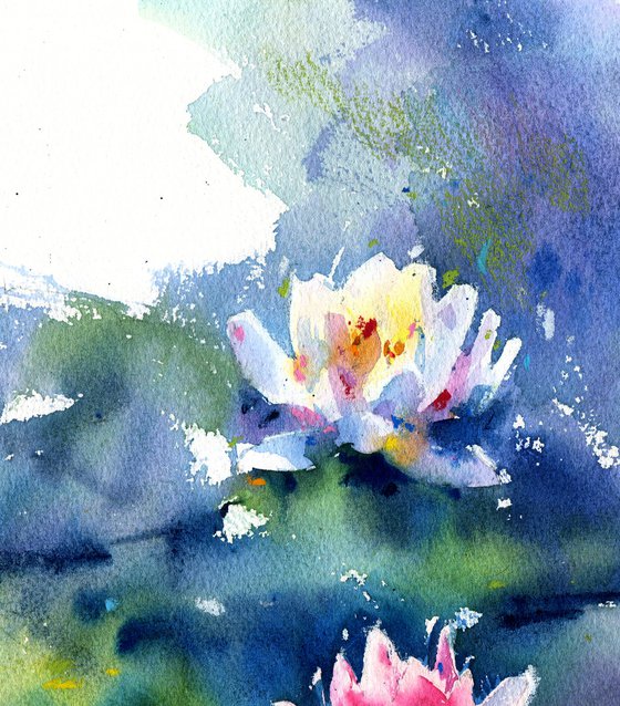 Original watercolor painting Lotus flowers on the surface of the lake