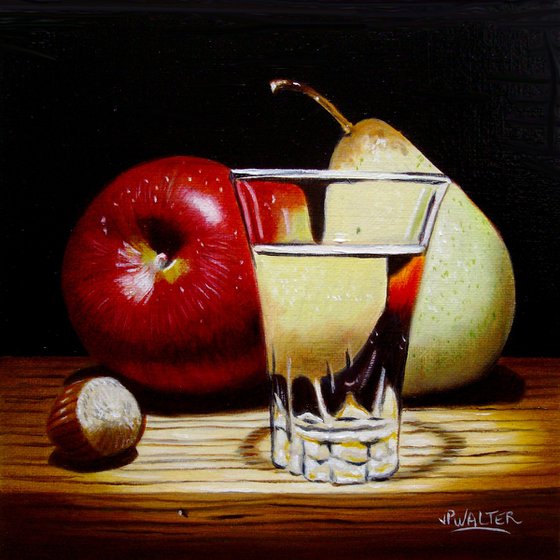 Red apple and pear by transparency