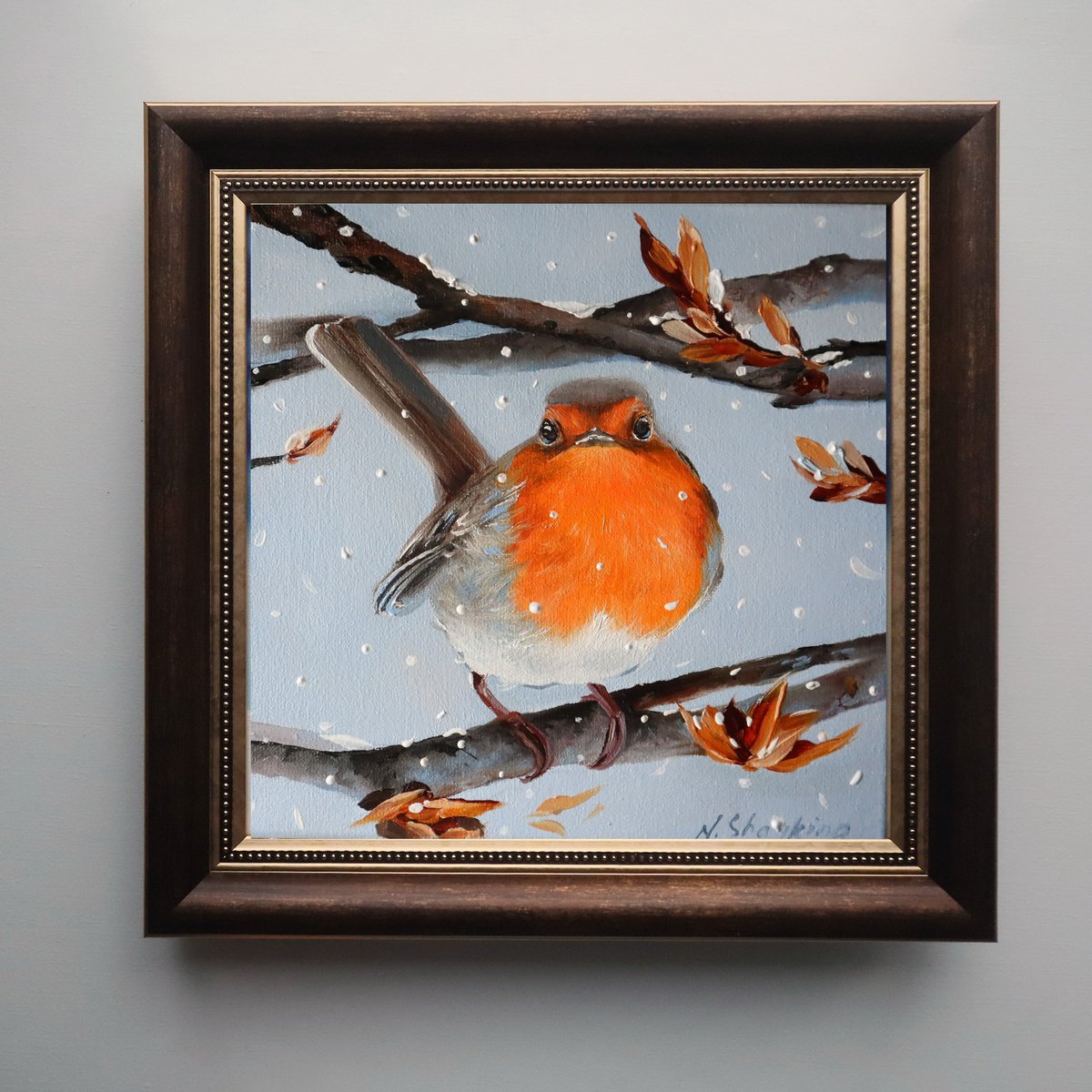 Photorealistic Animal Oil Painting By Natalia Shaykina, 10 X 10", Robin, Original Artwork