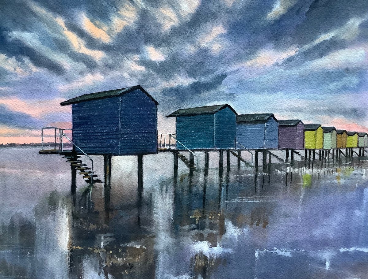 Impressionistic Landscape Watercolour By Darren Carey, 15 X 11, Beach Huts, High Tide, Original Artwork