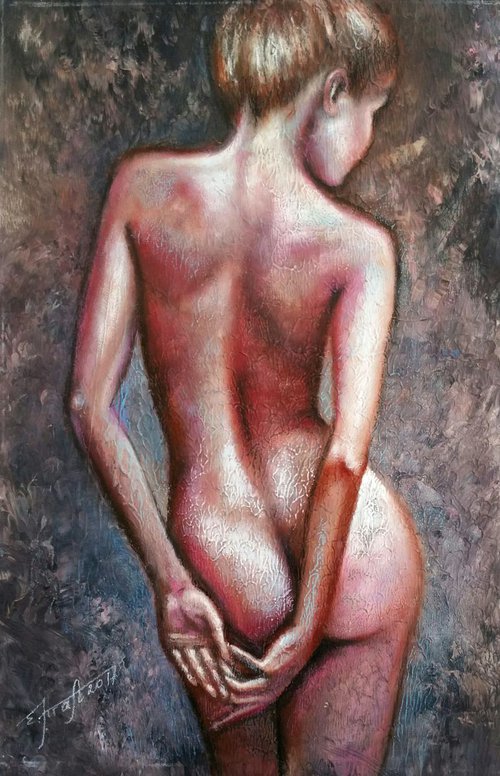 "You make me shy" Original oil and acrylic painting on fabric 50x75x2cm.ready to hang by Elena Kraft