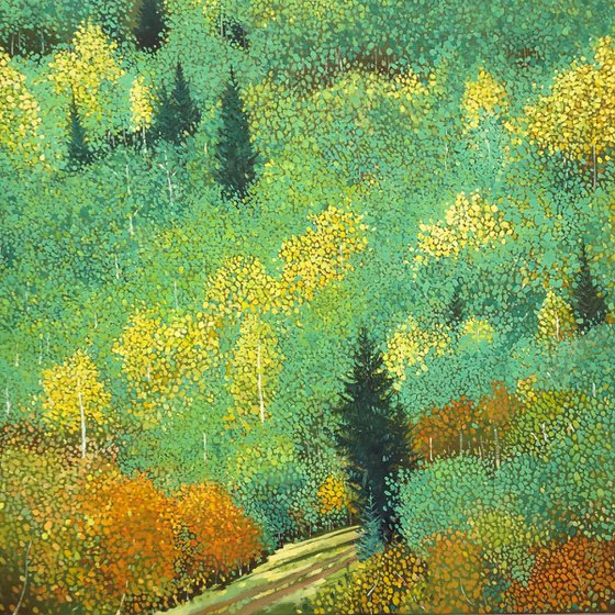 Green forest with yellow aspens