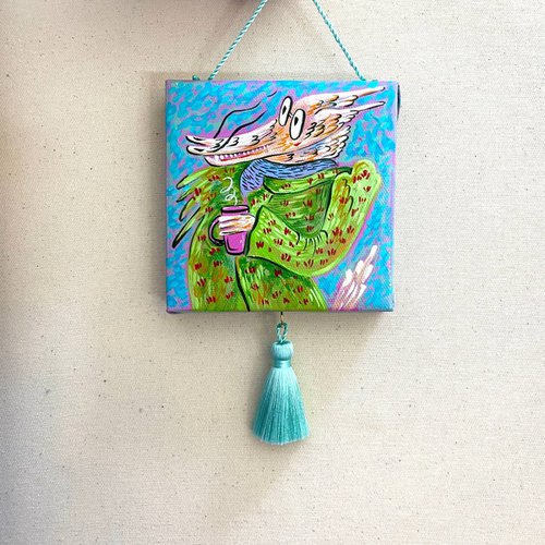 Dragon with coffee. Miniature canvas with silk brush by Anna Onikiienko