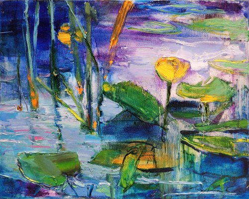 Water lilies oil painting | Impressionistic Yellow and blue by Helen Shukina