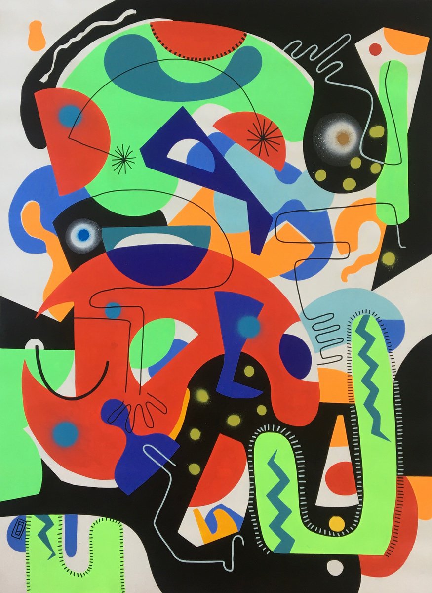 Expressive Abstract Acrylic Painting By Frantisek Florian, 31 X 39, Alien With Cactus, Original Artwork