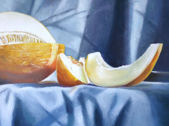 "Uncle Karim's sweet melons.  " still life liGHt original painting PALETTE KNIFE  GIFT (2021)