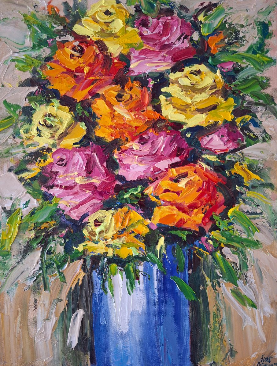 Abstract Still Life Oil Painting By Andrej Ostapchuk, 12 X 16, Roses In A Blue Vase, Original Artwork