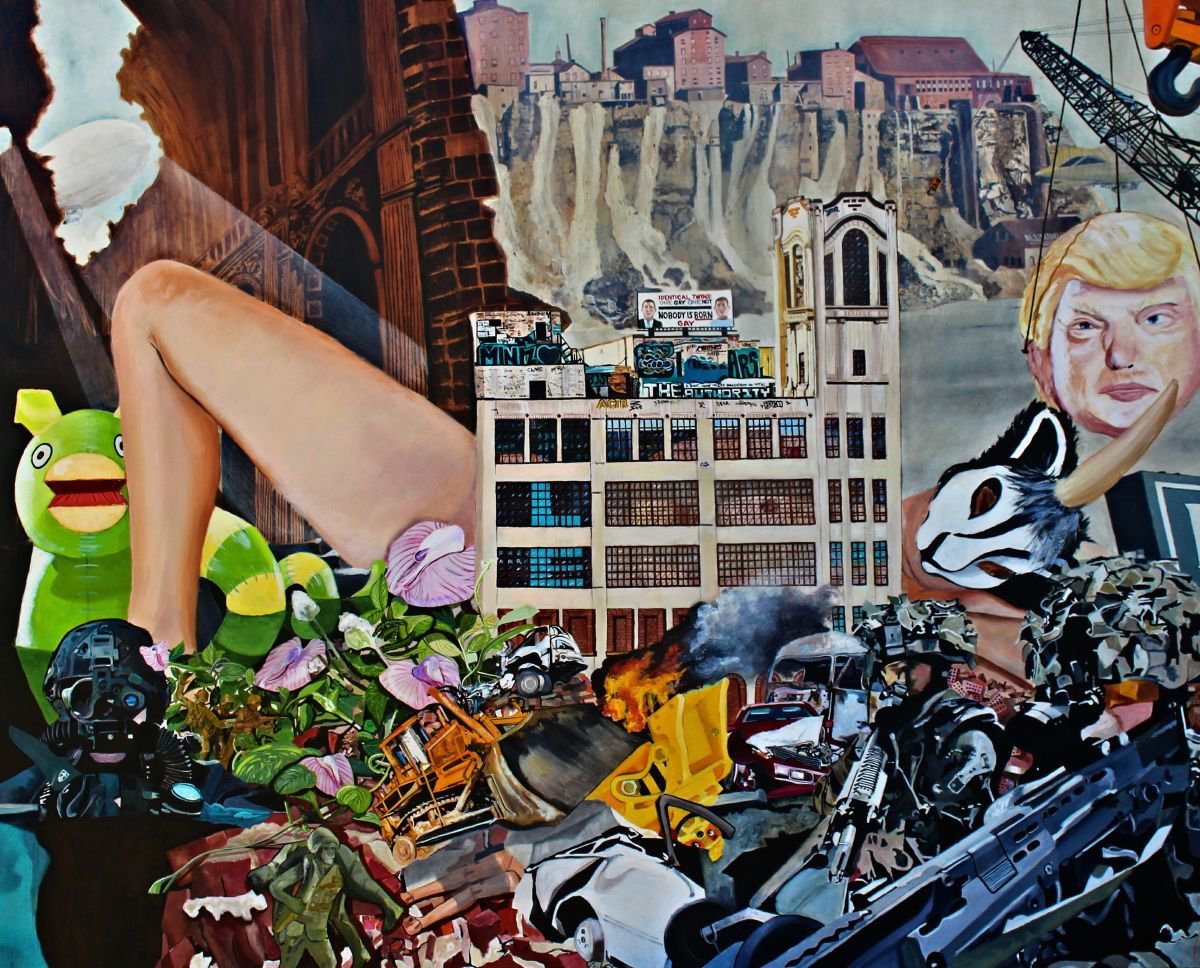 Surrealistic Cityscapes Oil Painting By Ken Vrana, 60 X 48", Draining The Swamp, Original Artwork