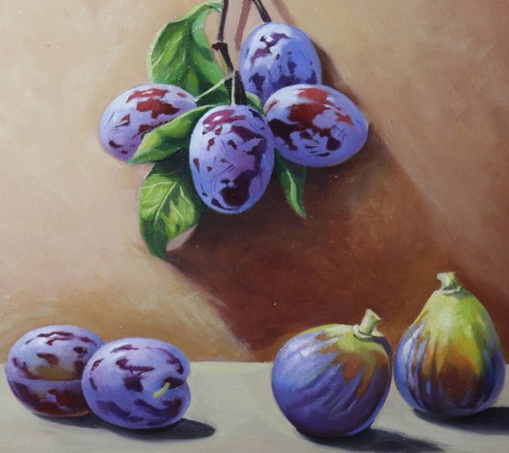Still life plums and figs (24x30cm, oil painting, ready to hang)