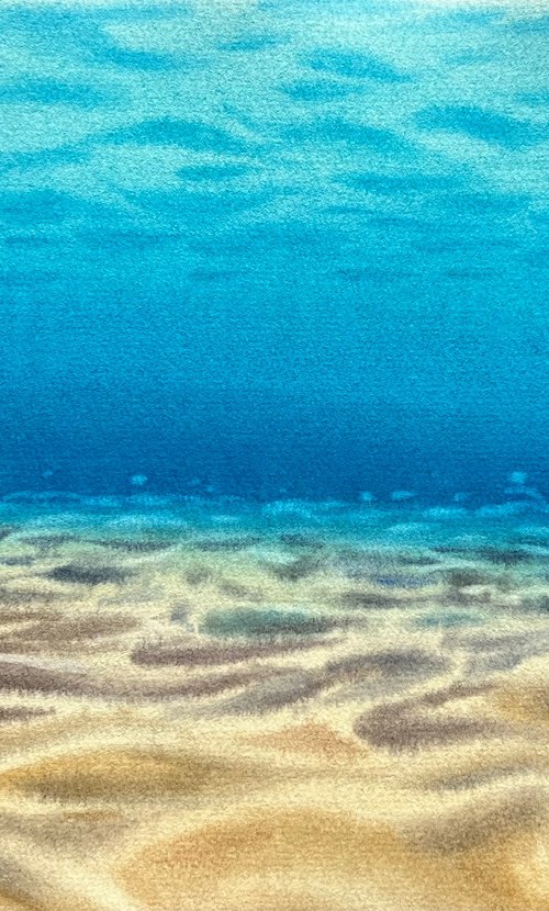 Reflection of the sun and waves on the sandy seabed. Bright summer watercolor. Original artwork. by Evgeniya Mokeeva