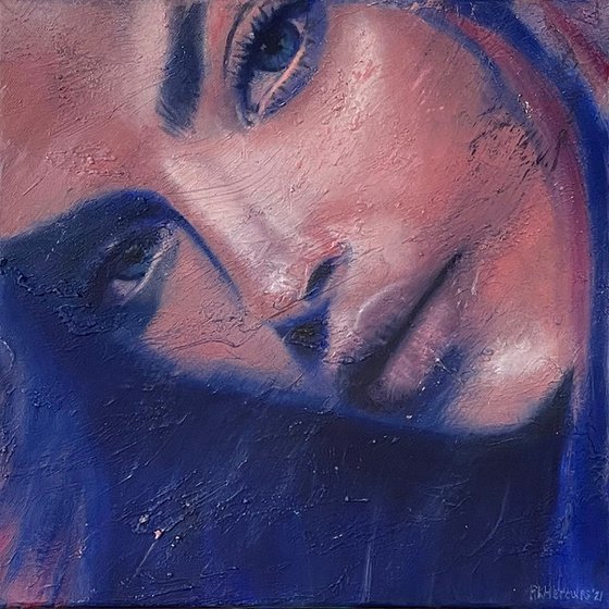 Kasey Aw | blue red pink female contemporary portrait of model oil paint on canvas Painting by RKH