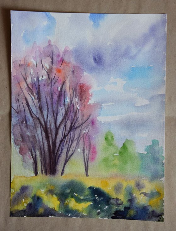 Spring blooming trees original watercolor painting