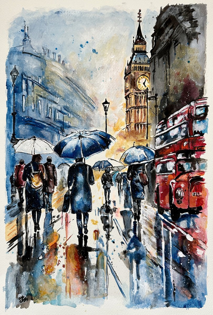 Impressionistic Cityscapes Acrylic Painting By Misty Lady - M. Nierobisz, 13 X 19", Rainy Day In London, Original Artwork
